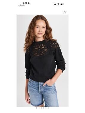 SEA NY Branca Battenburg Black Lace Detail Long Sleeve Sweatshirt Size L